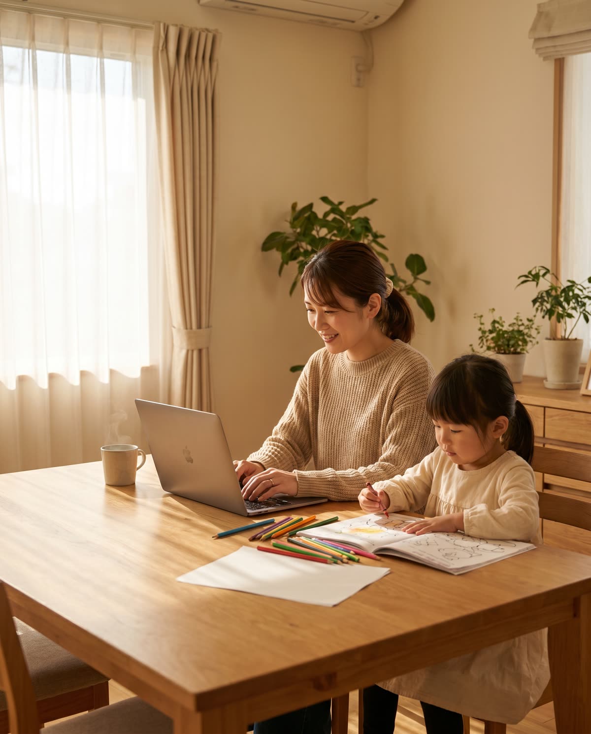 自宅のダイニングで学ぶ母親と、隣で絵を描く子ども